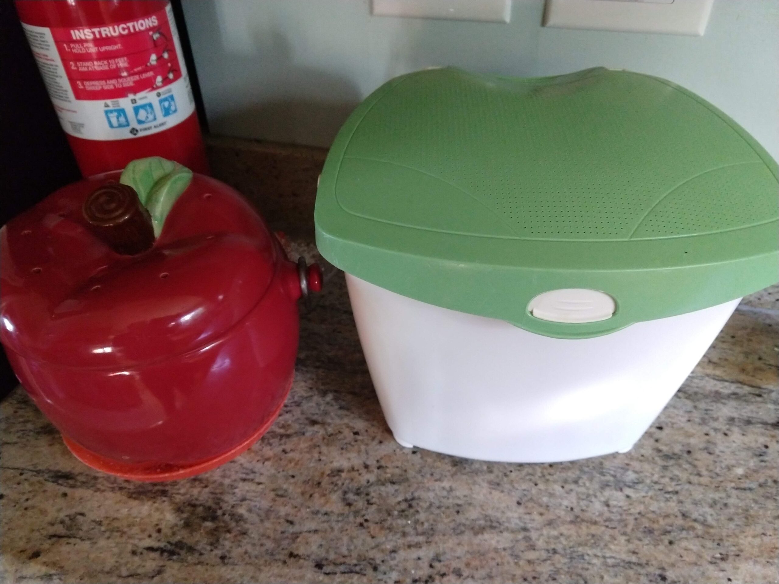 Our gifted ceramic apple and City-issued plastic bins